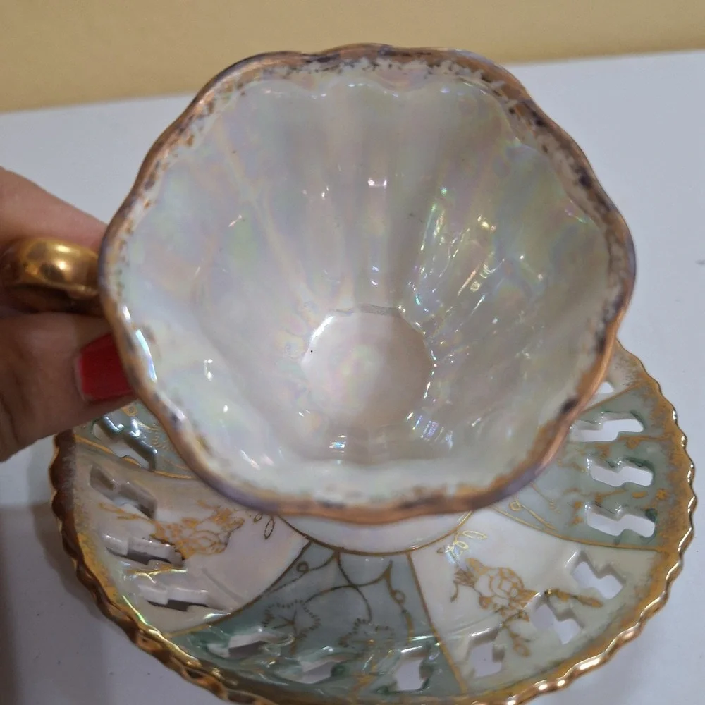 Vintage 1950 Lusterware Demitasse Cup Saucer Gold Trim Reticulated‎ Japan